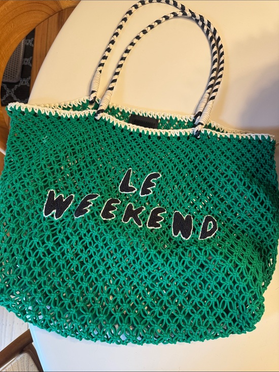 Clare V Handbags - Clare V Green Crochet 'Le Weekend' Tote with Black & White Trim